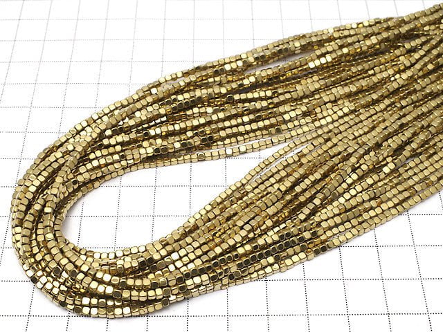 Hematite Cube 2 x 2 mm x 2 mm gold coating 1strand beads (aprx.15 inch / 38 cm)