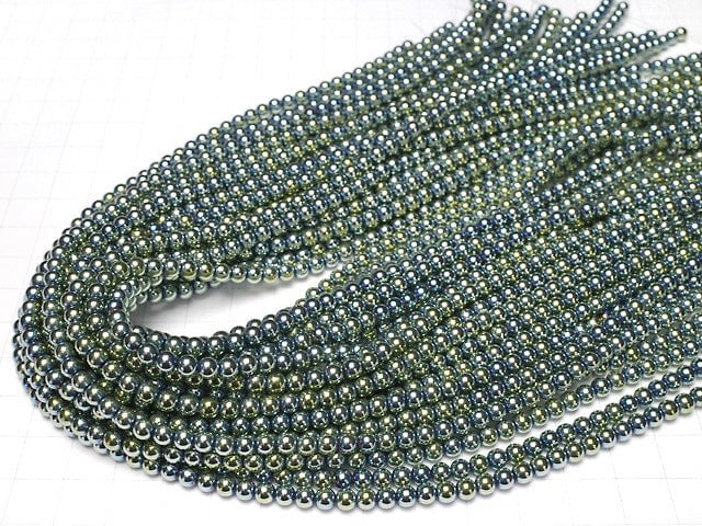 Hämatit Rund 4mm metallisch grün 1 Strang Perlen (ca. 15 Zoll / 38 cm)