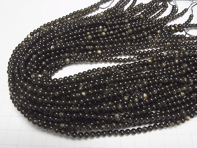 Goldene Schimmer Obsidian AAA Rund 4mm 1Strang Perlen (ca. 15 Zoll / 38 cm)