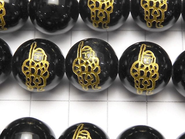 Golden! Seven Lucky Gods, Bishamonten's Carved! Onyx AAA Round 10mm, 12mm, 14mm half or 1strand beads (aprx.15inch / 37cm)