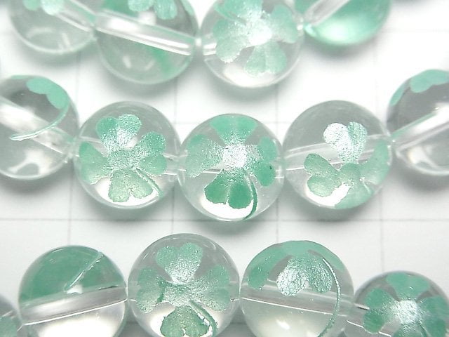 Green color! Clover with engraving! Crystal Quartz AAA Round 8 mm, 10 mm, 12 mm half or 1 strand