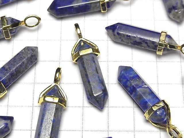 Lapislazuli AA Doppelspitzen Anhänger 32x8x8mm Goldfarbe 2Stück