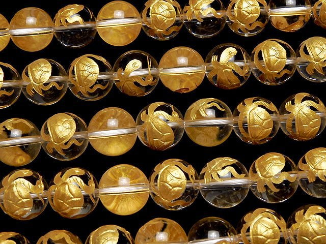 Golden! Turtle (Four Divine Beasts) Carved! Crystal Quartz AAA Round 10,12,14,16mm 1/4 or 1strand