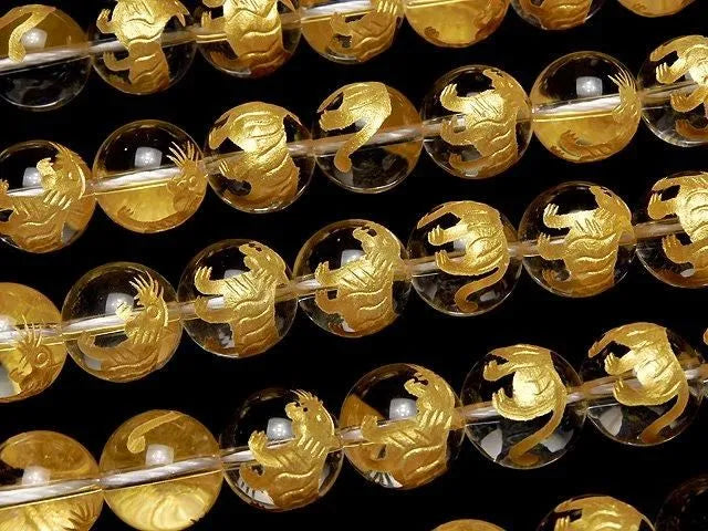 Golden! Tiger (Four Divine Beasts) Carved! Crystal Quartz AAA Round 10,12,14,16mm 1/4 or 1strand