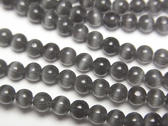 Schwarze Farbe Katzenauge Rund 4mm 1 Strang Perlen (ca. 15 Zoll / 36 cm)