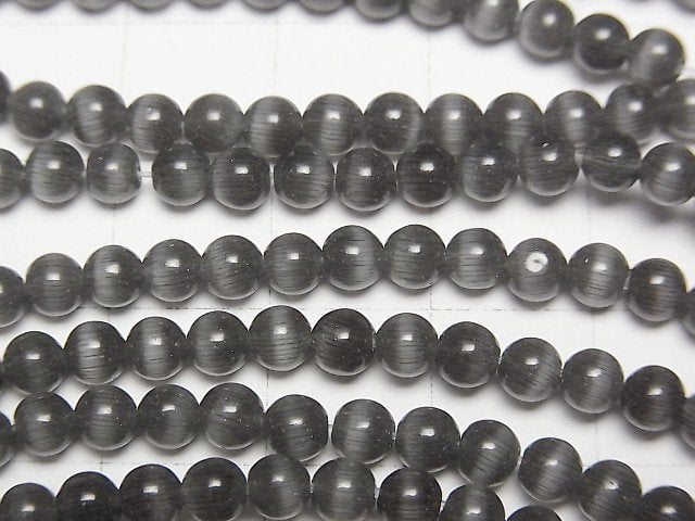 Schwarze Farbe Katzenauge Rund 4mm 1 Strang Perlen (ca. 15 Zoll / 36 cm)