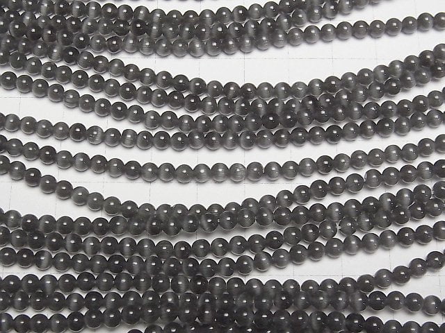 Schwarze Farbe Katzenauge Rund 4mm 1 Strang Perlen (ca. 15 Zoll / 36 cm)