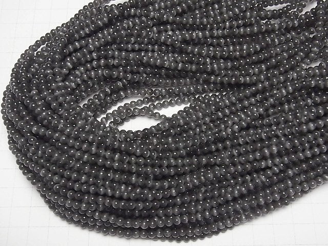 Schwarze Farbe Katzenauge Rund 4mm 1 Strang Perlen (ca. 15 Zoll / 36 cm)