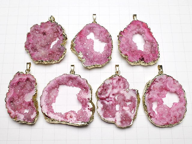 Pink color Slice Geode Pendant Gold color 1pc