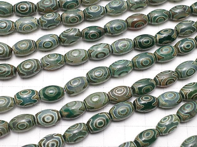 dZi Beads Rice 12x8x8mm Green x Brown 1strand beads (aprx.13inch/33cm)