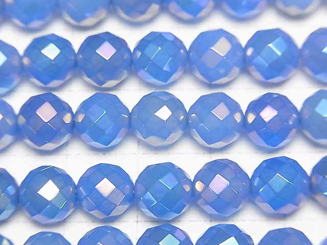Flash, blue color Chalcedony 64 Faceted Round 8 mm half or 1strand beads (aprx. 15 inch / 37 cm)