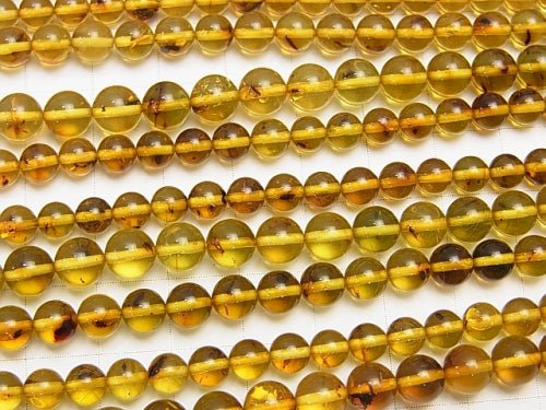 Copal AAA Round with Columbia insects 5-6 mm 6 - 7 mm half or 1 strand beads (aprx. 15 inch / 38 cm)