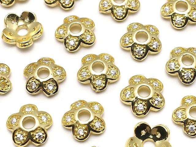 Metal parts, bead caps, 7.5 x 7.5 x 2.5 mm, gold color (with cubic zirconia), 2 pieces