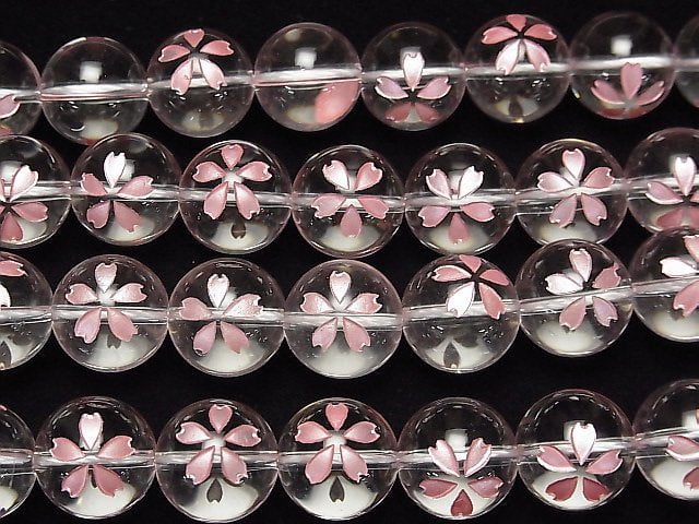 Pink cherry blossom carved! Crystal Quartz AAA Round 8mm,10mm,12mm,14mm 1/4 or 1strand beads (aprx.15inch/36cm)