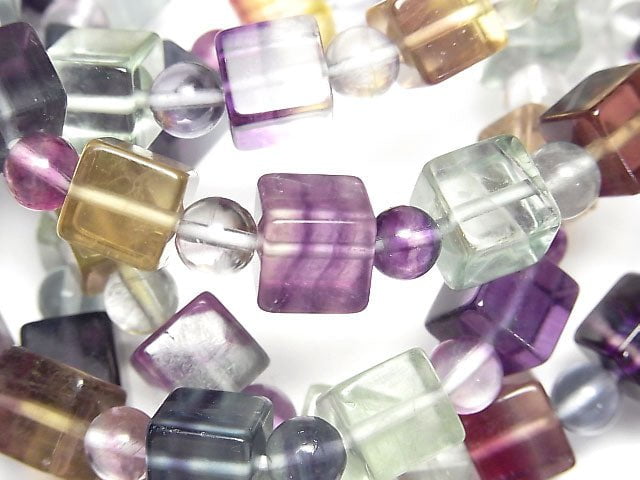 多色螢石 AAA 方塊 8mm 和 圓珠 6mm 手鍊
