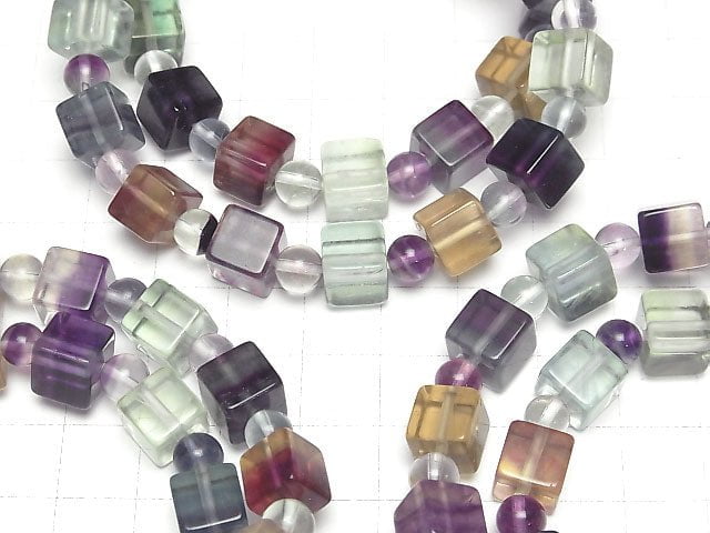 Multicolor Fluorite AAA Cube 8mm & Round 6mm Bracelet