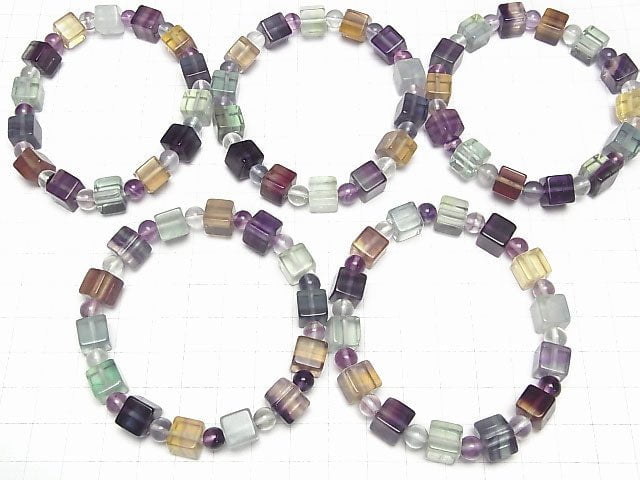 Multicolor Fluorite AAA Cube 8mm & Round 6mm Bracelet
