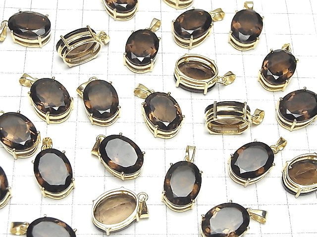 Hochwertiger Rauchquarz AAA Ovaler Facettierter Anhänger 16x12mm 18KGP 1Stück