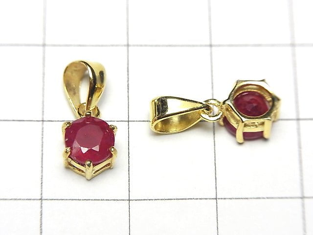 高品質紅寶石 AAA 圓形刻面吊墜 7x6x4mm 18KGP