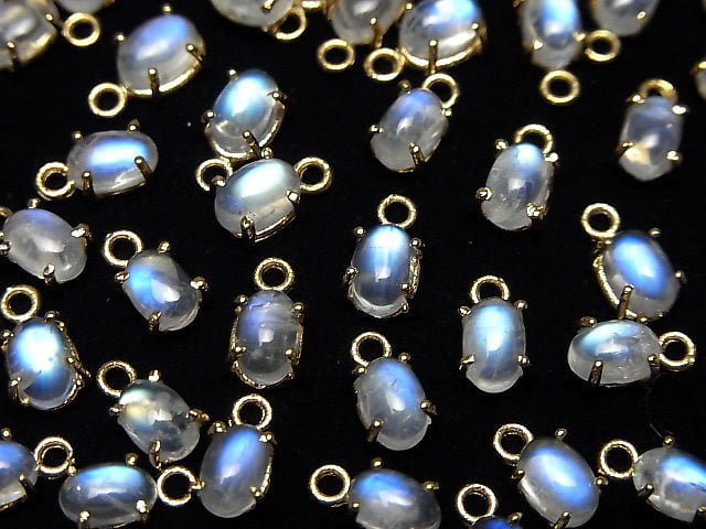 Hochwertiger Regenbogen-Mondstein AAA- Zargenfassung Oval 6x4mm 18KGP 2Stück