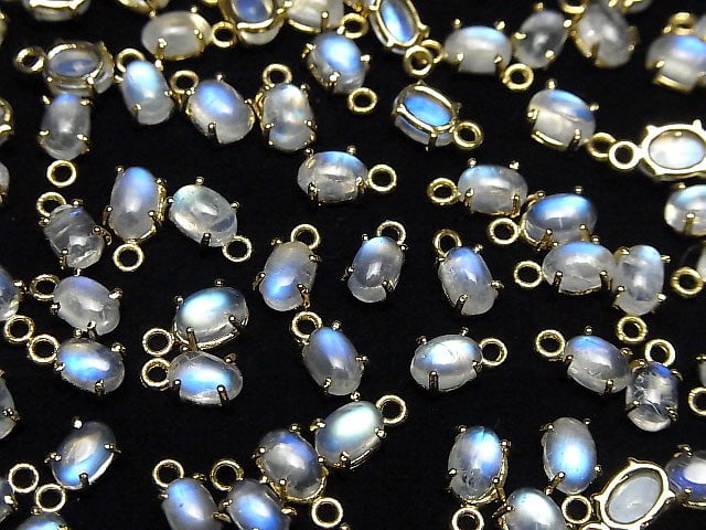 Hochwertiger Regenbogen-Mondstein AAA- Zargenfassung Oval 6x4mm 18KGP 2Stück