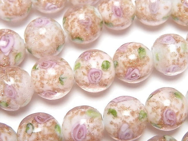 [Video] Lampwork Beads Round 12mm Rose pattern [Pink] 1strand beads (aprx.14inch/34cm)