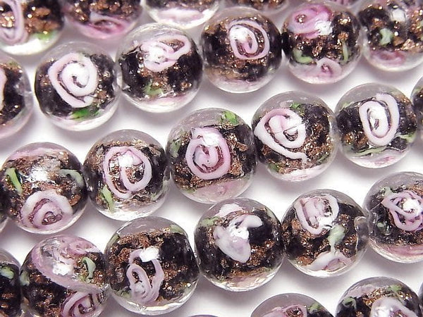 [Video] Lampwork Beads Round 10mm with rose pattern [Black] 1strand beads (aprx.14inch/34cm)