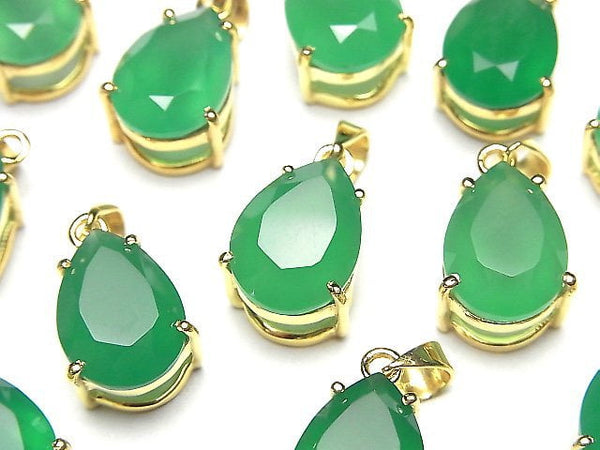 [Video]High Quality Green Onyx AAA Pear shape Faceted Pendant 14x10mm 18KGP 1pc