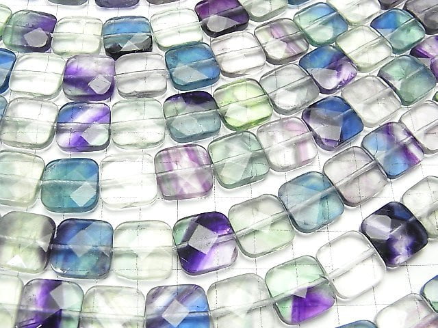 [Video] Multicolor Fluorite AAA- Faceted Square 14x14x5mm half or 1strand beads (aprx.15inch/37cm)
