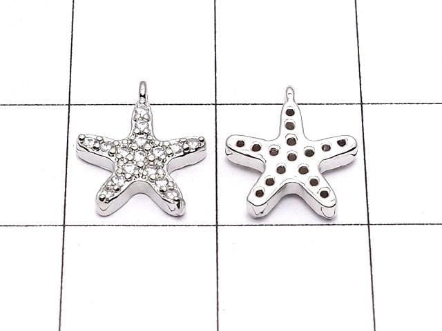 Metal Charm, 10.5x9mm, Starfish, Silver Color (with CZ), 1pc