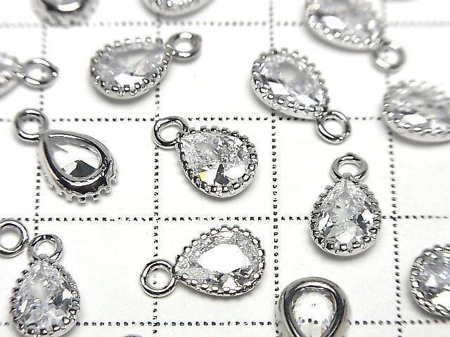 Metal CZ Pear Shape Faceted Charms, 11x6x3mm, Silver, 2 Pieces
