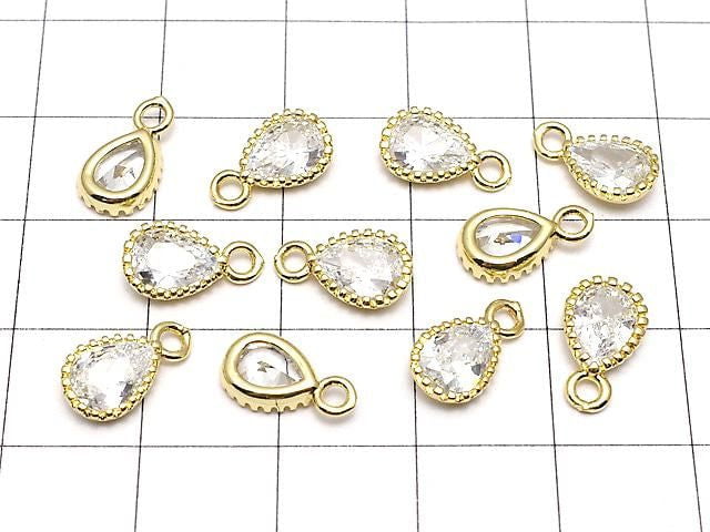 Metal CZ Pear Shape Faceted Charms, 11x6x3mm, Gold, 2 Pieces