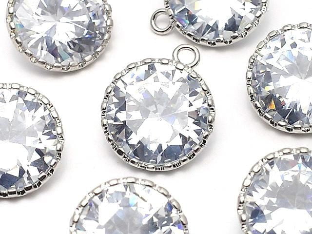 Metal Parts CZ Round Faceted Charms, 16.5x13.5x7mm, Silver, 2 Pieces