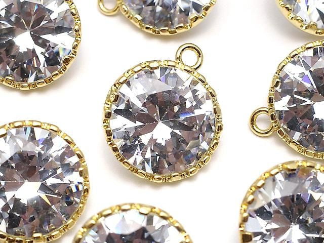 Metal Parts CZ Round Faceted Charms, 16.5x13.5x7mm, Gold, 2 Pieces