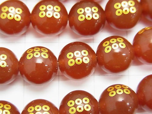 Golden! Crest of Sanada Yukimura (Ranmen Sanada) with Carving! Red Agate AAA Round 10 mm, 12 mm 1/4 or 1strand