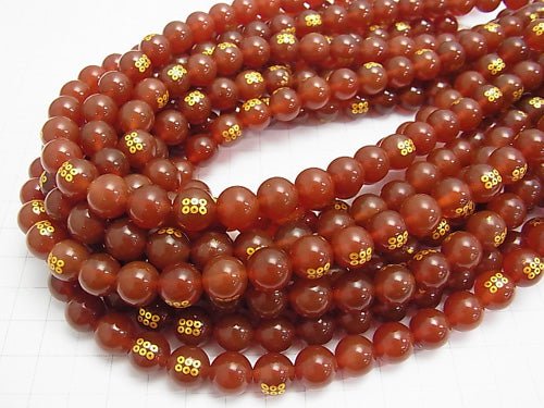 Golden! Crest of Sanada Yukimura (Ranmen Sanada) with Carving! Red Agate AAA Round 10 mm, 12 mm 1/4 or 1strand