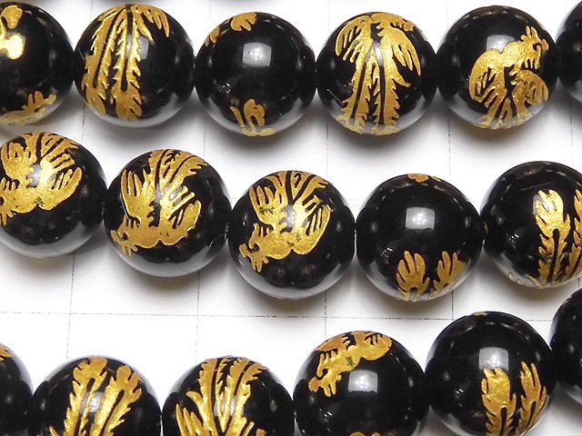 Golden! [Phoenix, Four Divine Beasts] Carved! Onyx Round 10mm, 12mm, 14mm half or 1strand beads (aprx.15inch / 36cm)