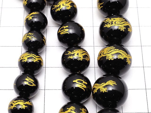 [Video] Golden! [Dragon, Four Divine Beasts] Carved! Onyx Round 10mm, 12mm, 14mm half or 1strand beads (aprx.15inch / 36cm)