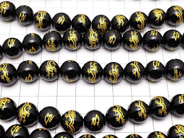 [Video] Golden! [Dragon, Four Divine Beasts] Carved! Onyx Round 10mm, 12mm, 14mm half or 1strand beads (aprx.15inch / 36cm)