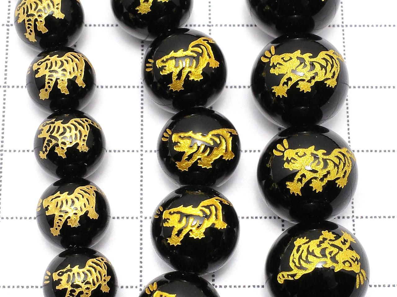 金色！ [虎，四神獸] 雕刻！ 黑瑪瑙圓珠 10毫米、12毫米、14毫米半串或1串珠子 (約15英吋/36公分)