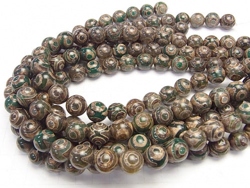 dZi Beads Round 12mm Green x Brown 1strand beads (aprx.13inch/33cm)