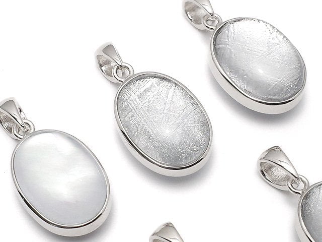 [Video] Meteorite & White Shell Oval Pendant 16x11x9mm Silver925