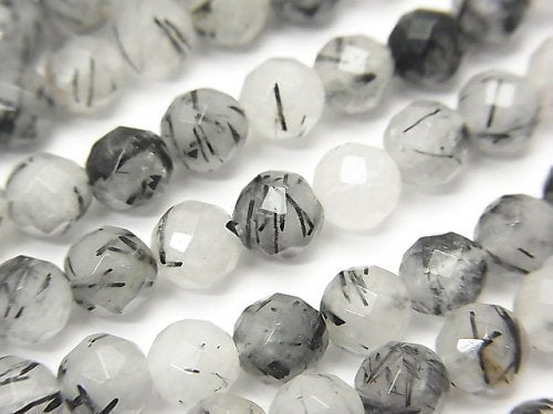 Faceted Round, Tourmalinated Quartz Gemstone Beads