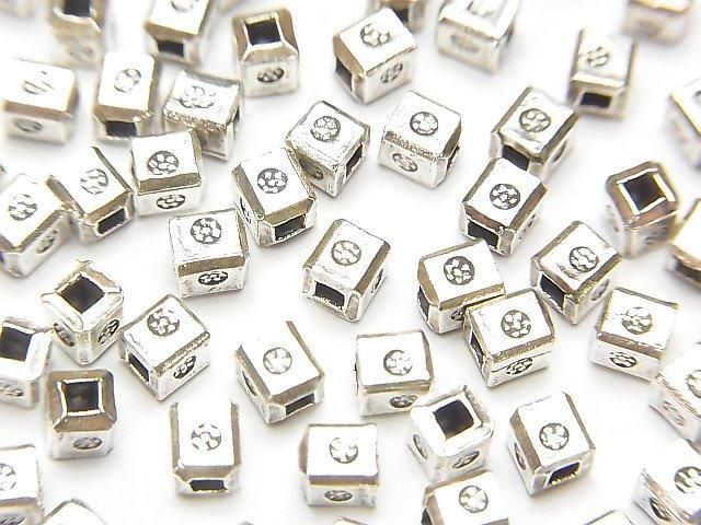Karen Silver Square Rondelle with Flower Pattern, 3x3x3mm, 5pcs