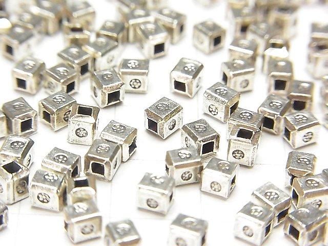 Karen Silver Square Rondelle with Flower Pattern, 3x3x3mm, 5pcs