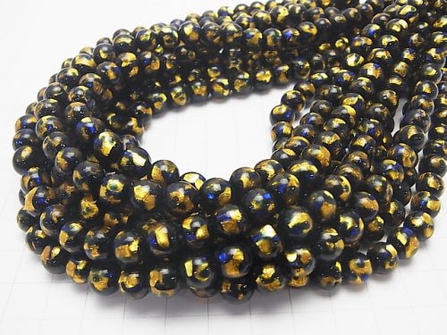 Lampwork Beads Round 8mm [Yellow x Blue] 1/4 or 1strand beads (aprx.15inch/36cm)