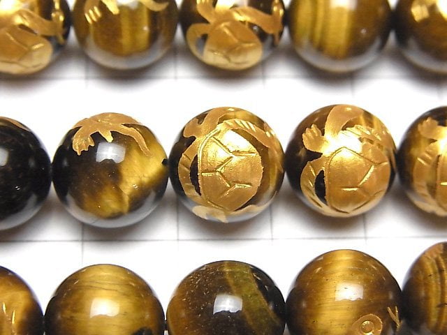 [Video] Gold Tickle (Four Divine Beasts) Carving! Yellow Tiger's Eye AAA Round 10, 12, 14, 16 mm 1/4 or 1strand