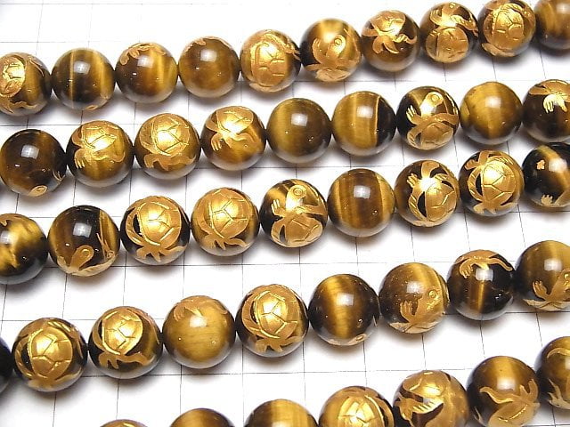 [Video] Gold Tickle (Four Divine Beasts) Carving! Yellow Tiger's Eye AAA Round 10, 12, 14, 16 mm 1/4 or 1strand