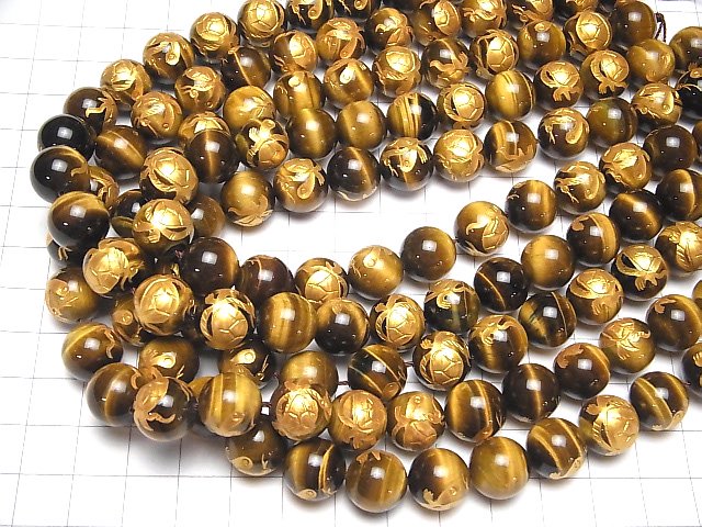 [Video] Gold Tickle (Four Divine Beasts) Carving! Yellow Tiger's Eye AAA Round 10, 12, 14, 16 mm 1/4 or 1strand
