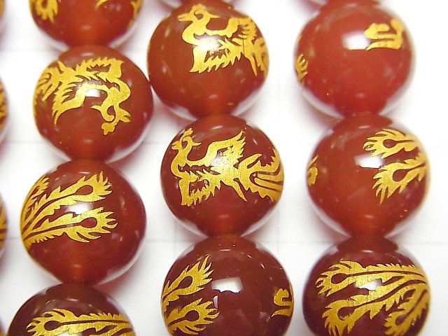 Golden! [Phoenix, Four Divine Beasts ]Carved! Red Agate Round 10mm, 12mm, 14mm half or 1strand